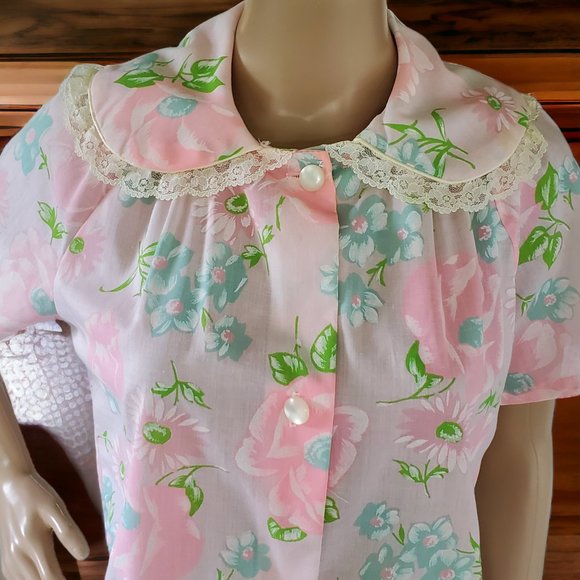 Vintage Pink Floral Patio House Lounge Dress Women's Small Pockets Button USA - Picture 8 of 14